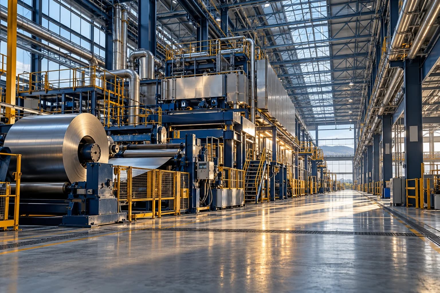 Imagem ilustrativa de instalação industrial com estruturas metálicas e equipamentos.