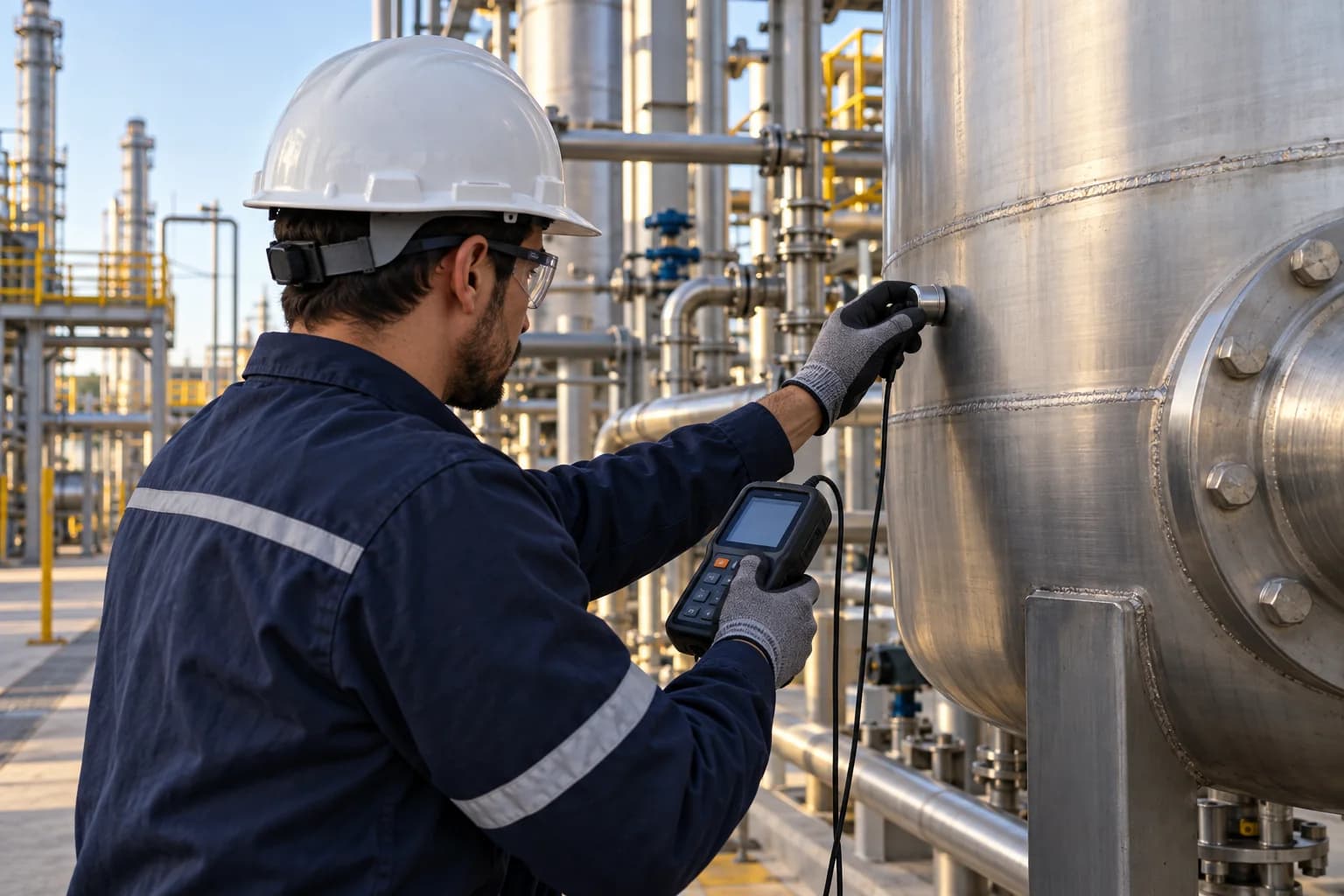 Imagem ilustrativa de inspeção de equipamento industrial com medidor de espessura.