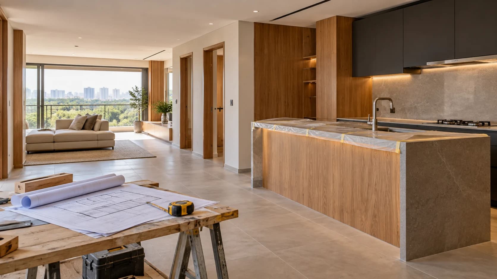 Imagem ilustrativa de reforma residencial em fase de acabamento, com bancada protegida e desenhos de projeto sobre uma mesa de trabalho.